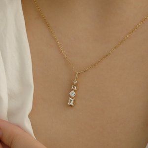 14K Gold Emerald Cut Necklace, Dainty Gold Charm Pendant, Horizontal Necklace